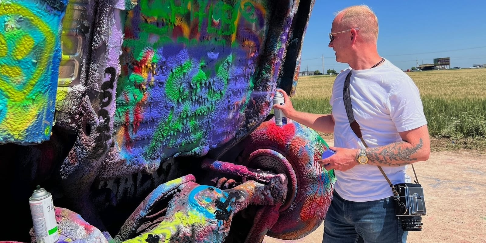 At Cadilac Ranch with my 203FE slung at my side like a real cowboy