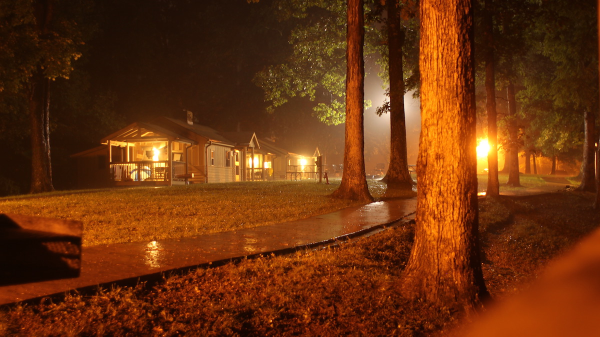 Rain pouring well into the night, as seen from our cabin porch