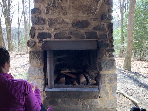 Wood stacked in the fireplace to keep it out of the coming rain