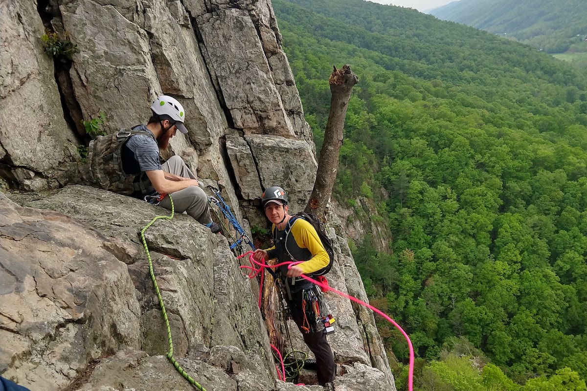 Doug building the anchor for the rappel 